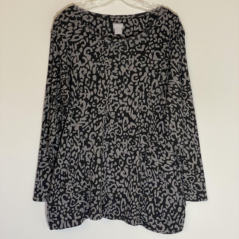 Chicos Shirt Womens‎ XL Black Gray Animal Print Tunic Long Sleeve Pima Cotton